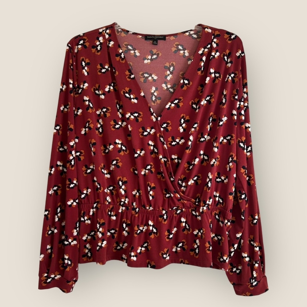 🌼 BR Brick Red w/ Multicolor Floral Print | Peplum Wrap Stretch Knit Top | Sz XL